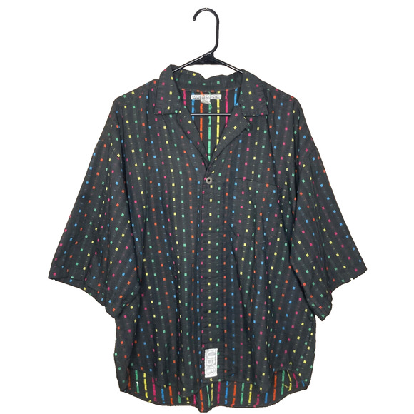 Vintage Unionbay Shirt Men's Rainbow Stripe Black Button-Up XL 80s Bowling Rave - Picture 1 of 6